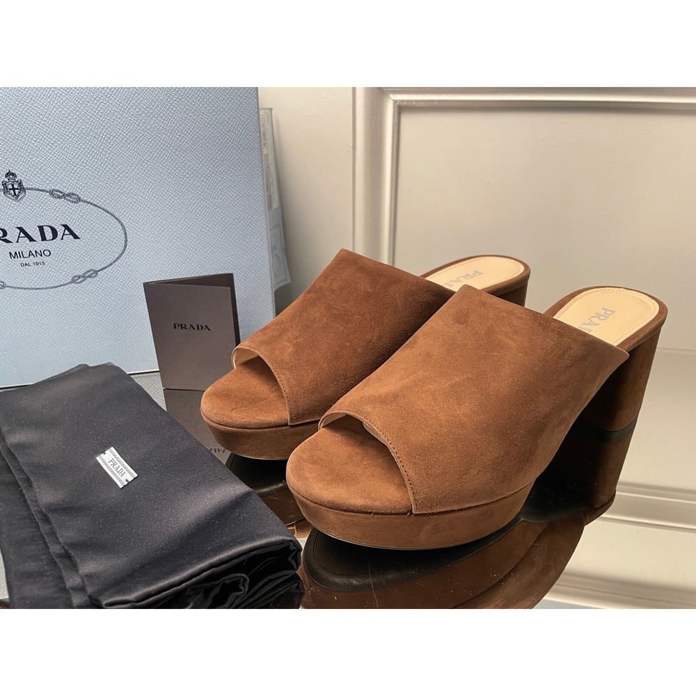 PRADA 1XP32A Women's Block Heel Platform Mule Slide Sandal Brown Suede Shoes 8.5